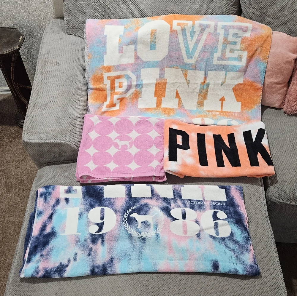 4pc Vintage Victoria's Secret VS PINK Beach Towel Bundle Dog Crest Tie dye Dots